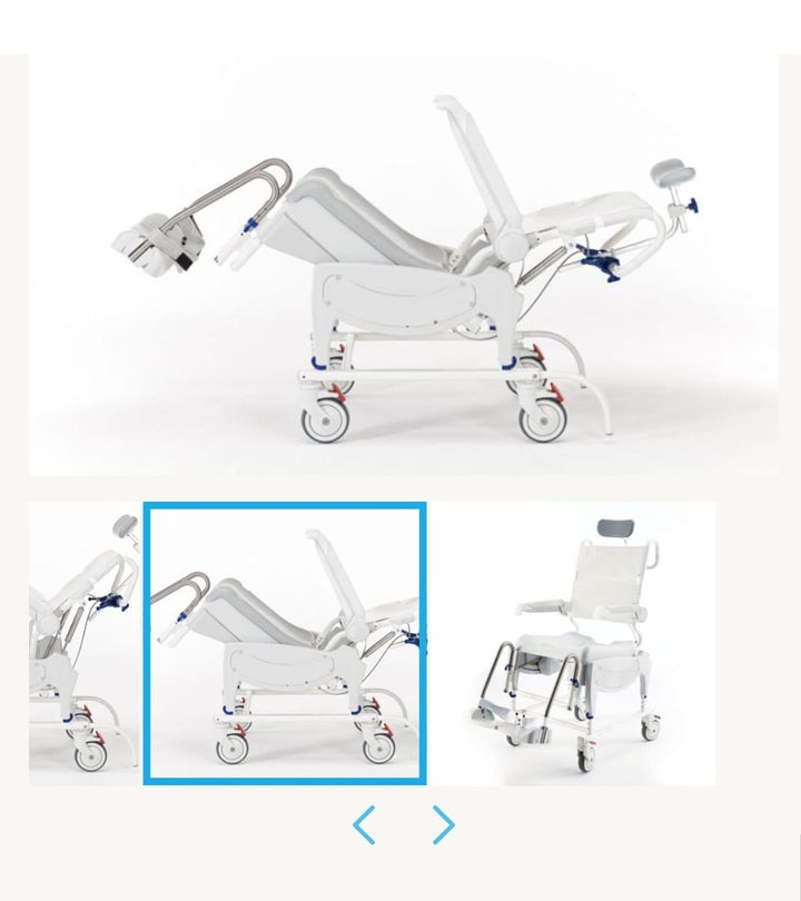 Tilt in space shower commode with recline